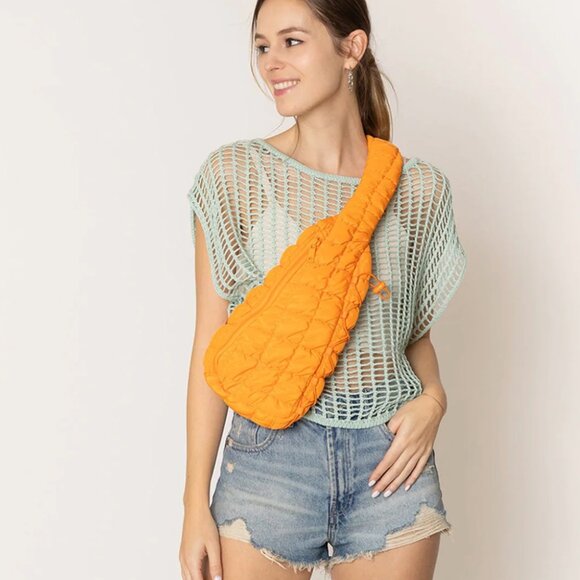 NWT Orange Brielle Quilted Puffer Sling Bag | Lightweight Crossbody Chest Bag - Picture 4 of 4